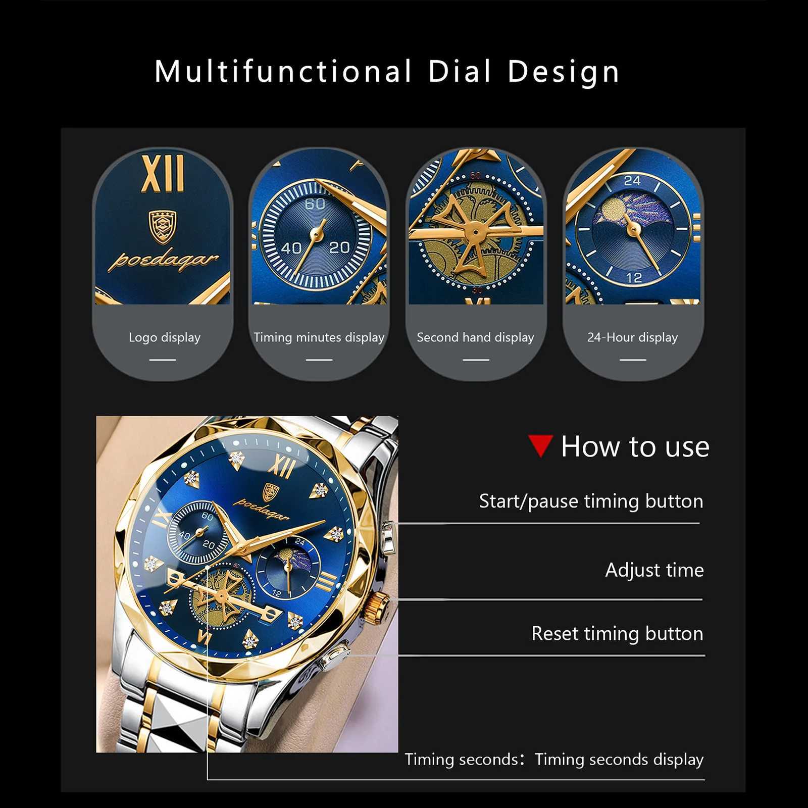 POEDAGAR Luxury Mens Wrist Chronograph Waterproof Luminous Mens Stainless Steel High Quality Sport Mens Quartz Watch Y250715