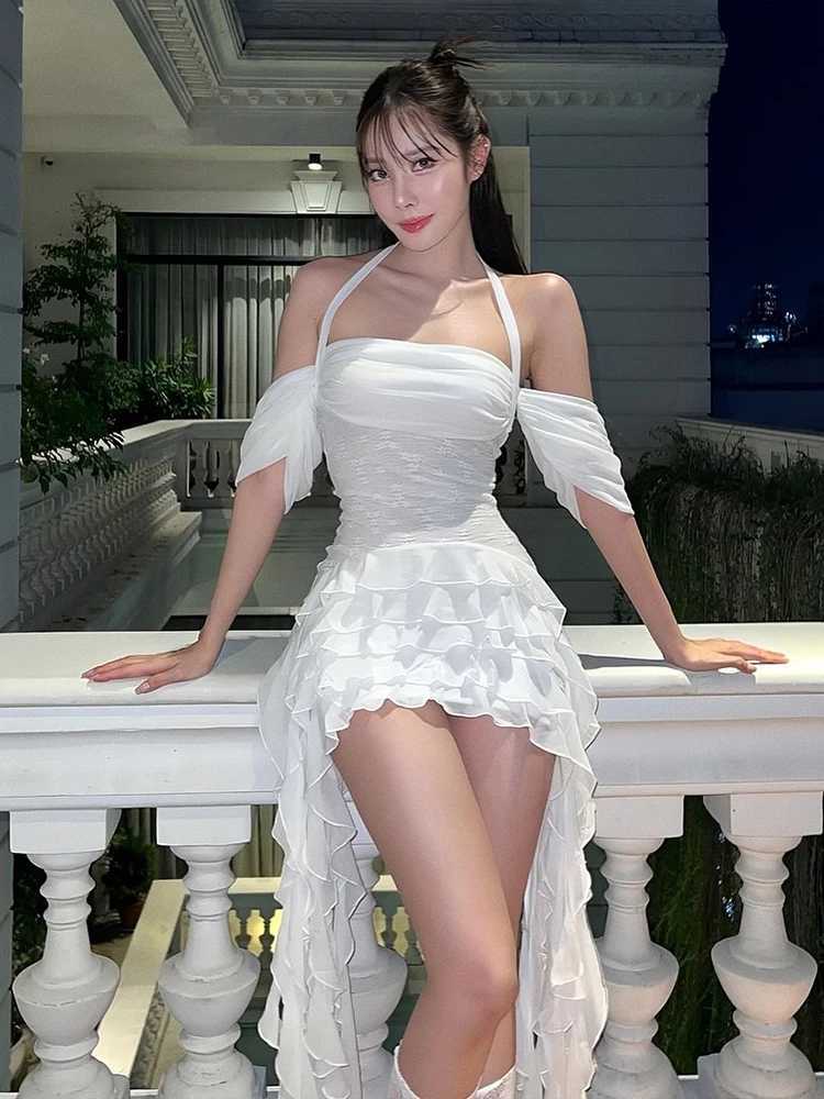 100% Cotton Sweet Tassel Dress Women One Shoulder Multi-Layered Ruffles Skinny Lace-Up Backless Summer Trend Skinny Mini Bodycon R250716