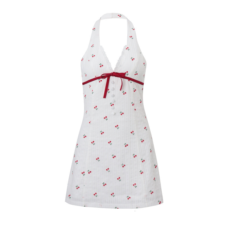 2025 INS European and American Style 2024 Summer New Sweet Spicy Deep V Button Backless Cherry Print Waist-Cinching Halter Dress for Women