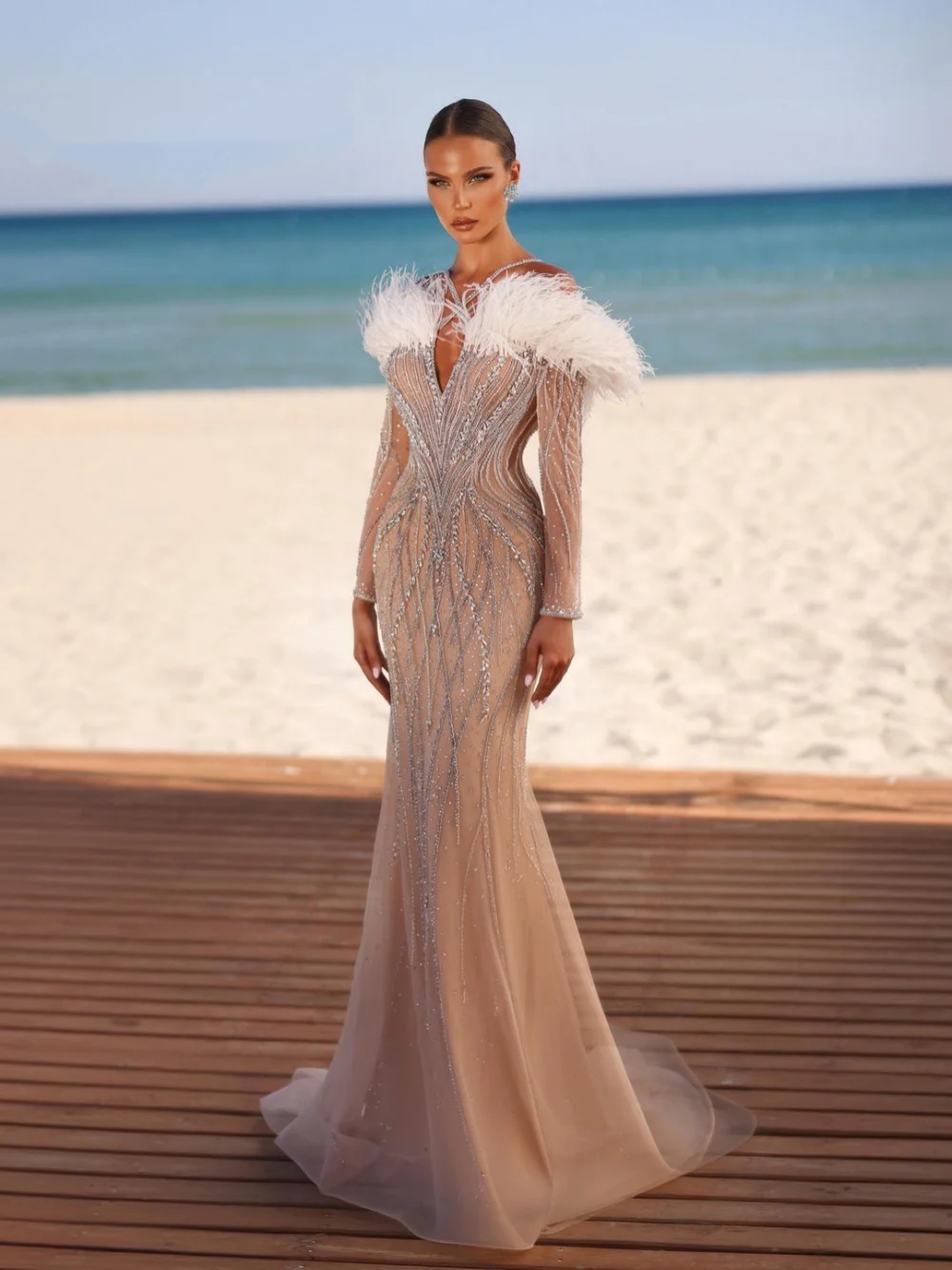 Luxurious Mermaid Evening Dress V Neck Long Sleeve Beaded Feather Prom Gowns Bright Red Floor Length Formal Dresses Customized