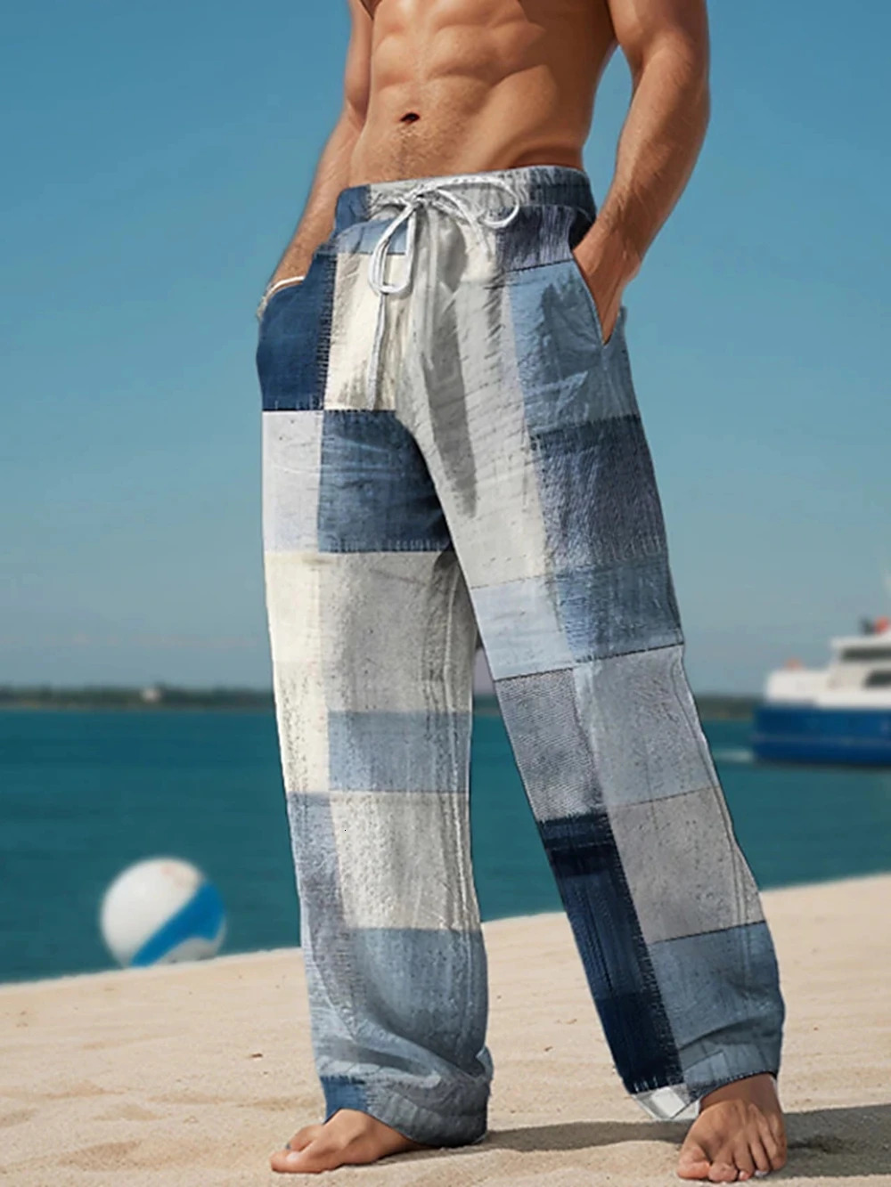 Plaid Color Block Mens Resort 3D Printed Casual Pants Trousers Elastic Waist Fit Straight-Leg Pant Summer Beach Pants 6XL 250715