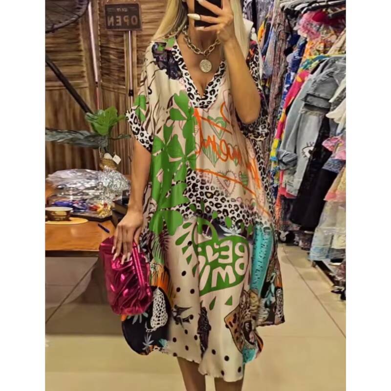 Women Casual Deep V Neck Loose Long Summer Half Sleeve Pullover Leopard Vestidos Colorful Print A-Line Party Dress dongdumaoyi