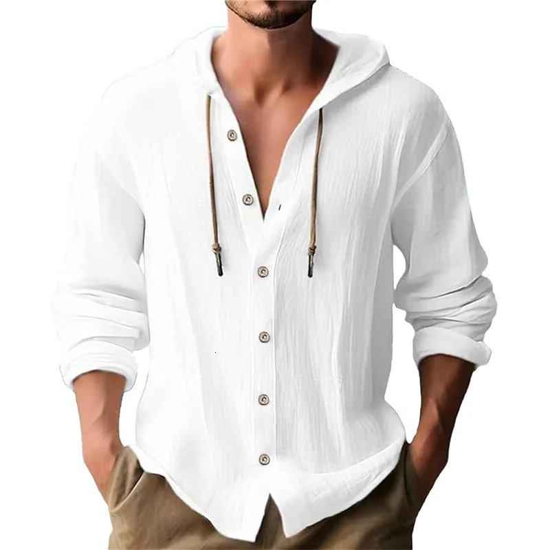 Mens solid color casual shirt hooded drawstring cotton and linen cardigan trendy and versatile loose beach T-shirt 250716
