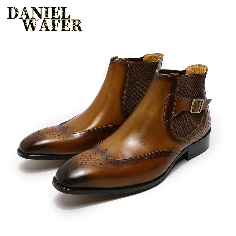 Mens Genuine Leather Chelsea Boots Ankle High Grade Slip-On Buckle Strap Wingtip Brown Black Basic Shoes 250715