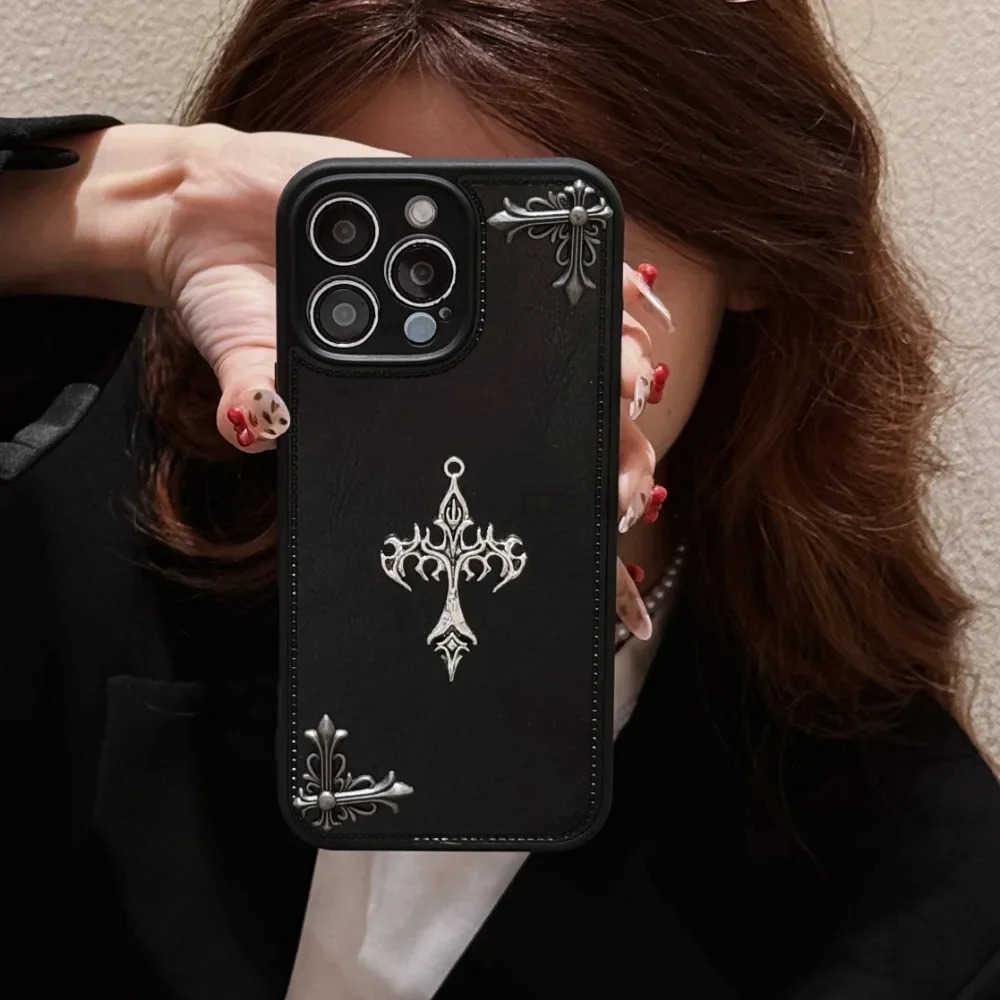 For iPhone 16 15 14 13 12 11 Pro Max Luxury Gothic High Grade Leather Phone Case Fashion Trends 3D Metal Cross Protection Cover M250716