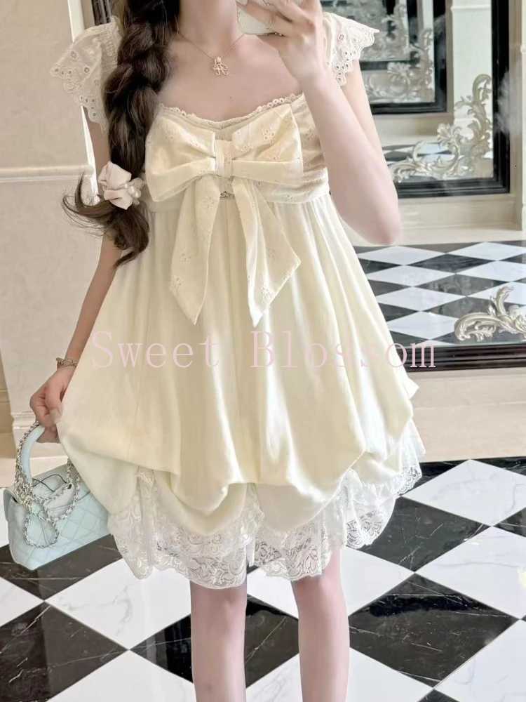 Japanese Sweet Lolita Cute Dress Women Bow Lace Sleeve Fairy Mini Dresses New Fashion Elegant Kawaii Harajuku Slim Clothing 2025 R250716
