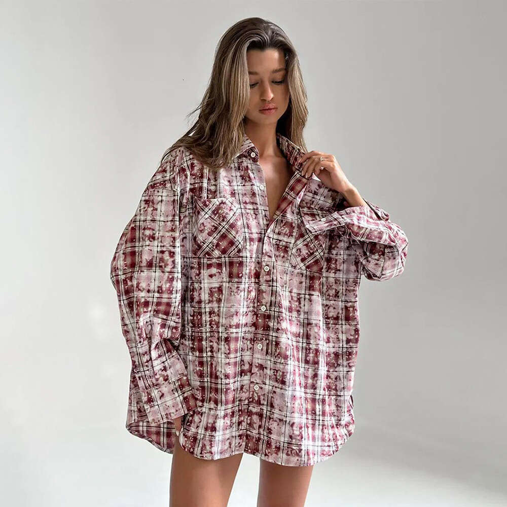 Long Sleeve Spring Summer New Style Outerwear Personality Street Vintage Plaid Shirt B5