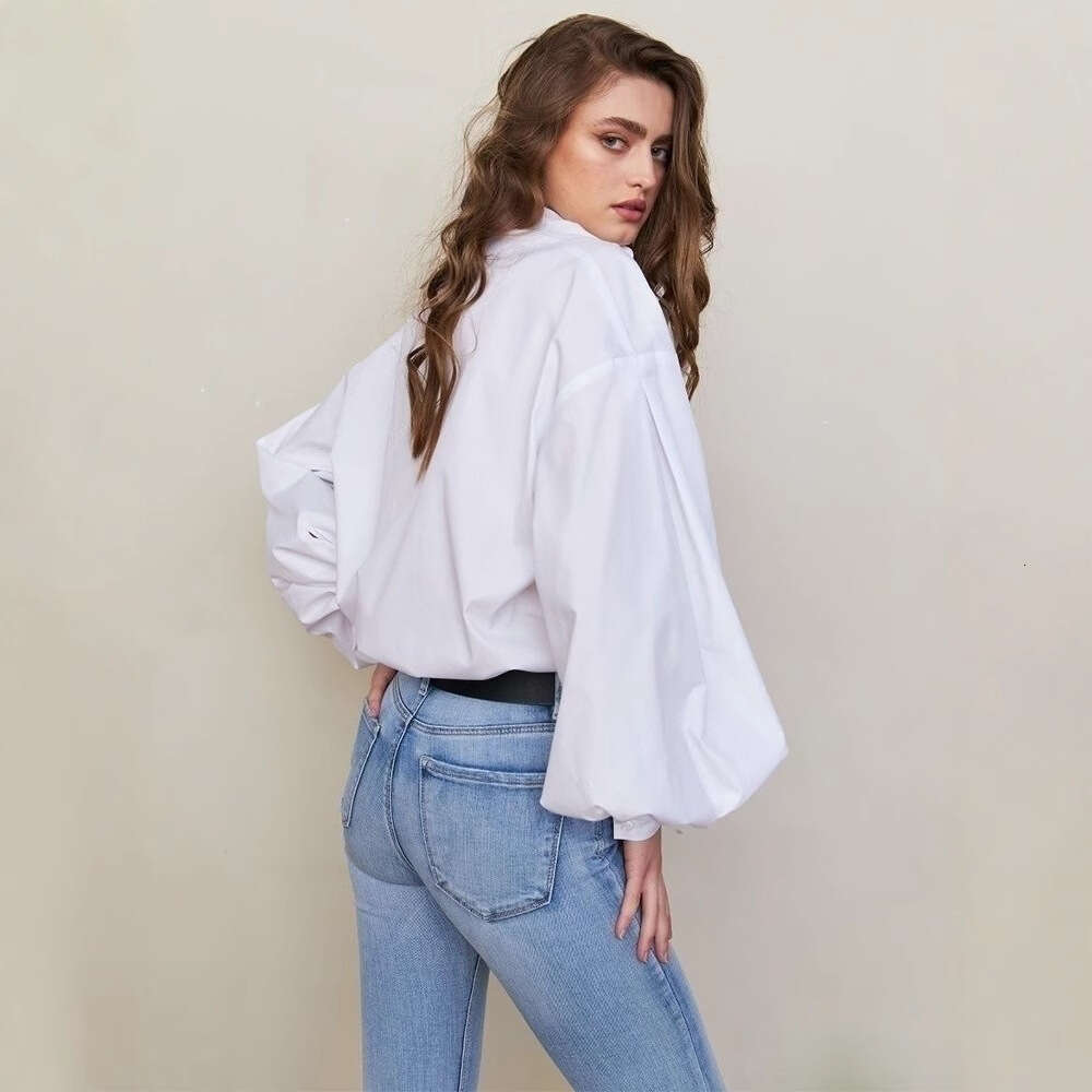 Lantern Sleeve Solid Color Spring Summer Elegant Sister Commuter Versatile Loose Round Neck Shirt B5