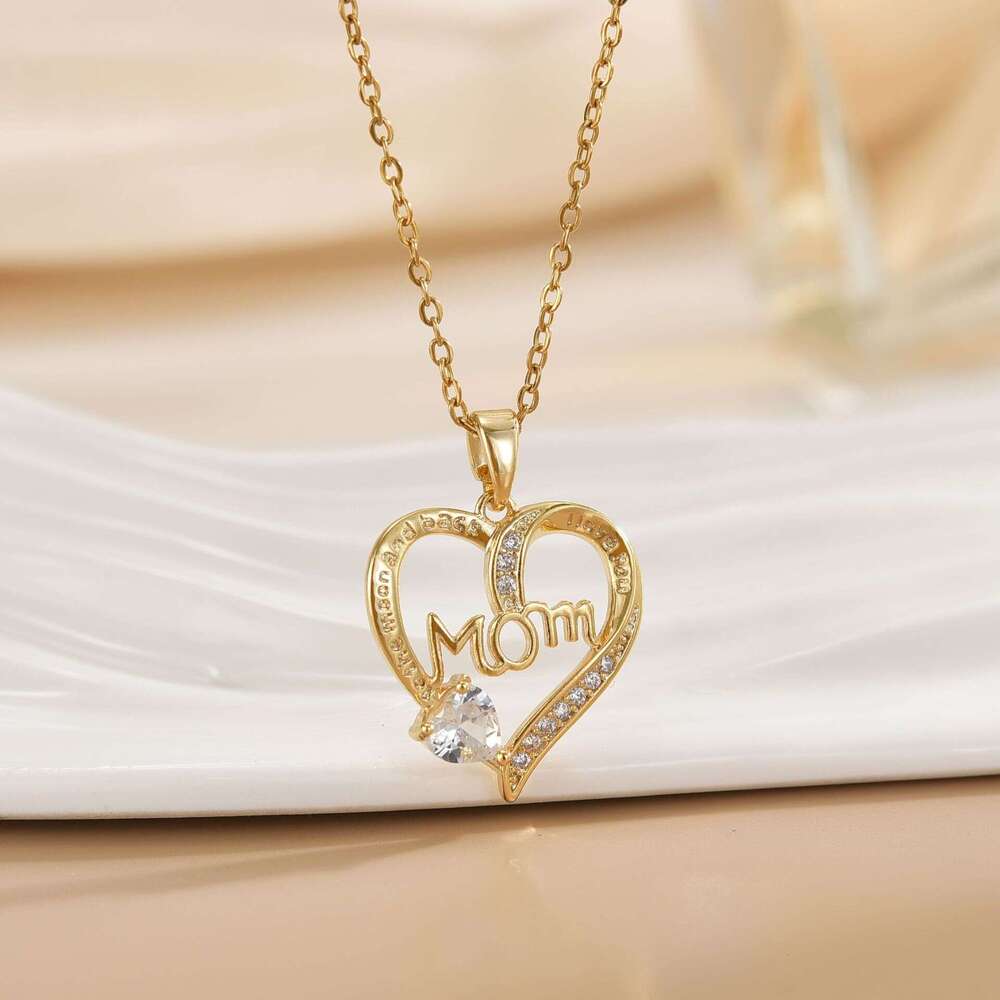 New Mom Heart-Shaped Engraving Micro Inlaid Full Zircon Necklace Mother's Day Gift Simple High-End Jewelry Accessories 5D6