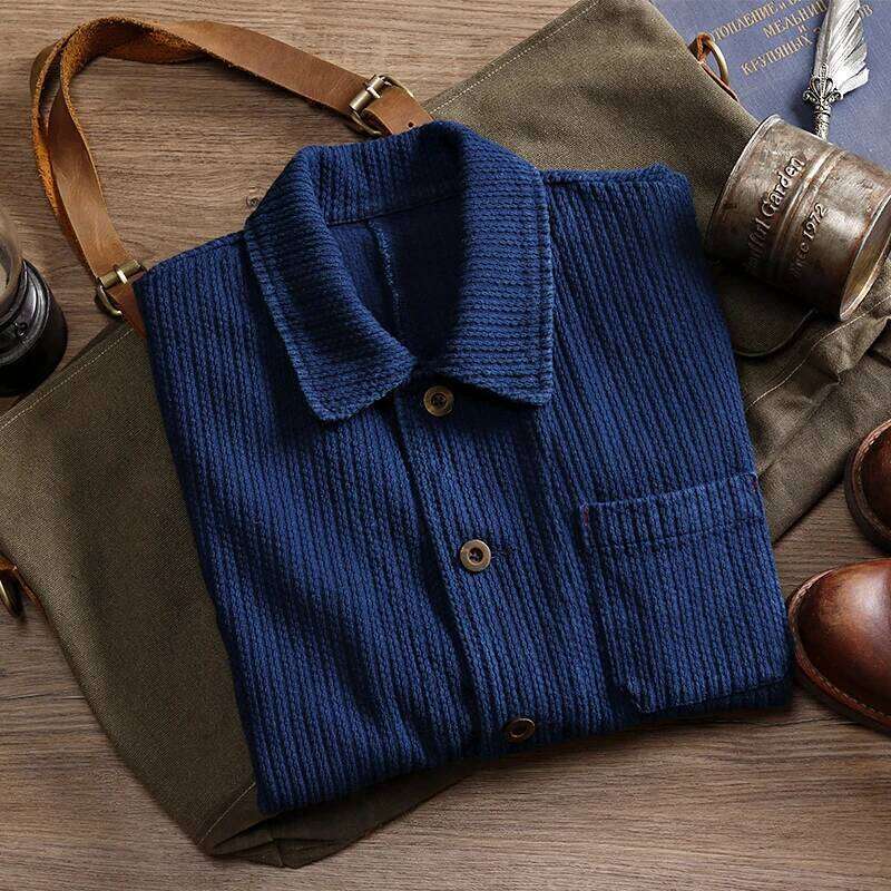 Indigo Cargo Men Vintage Heavy Weight Cotton Blue Dyed Workwear Tooling Jacket French Retro Multi-Pocket Cardigan Coat