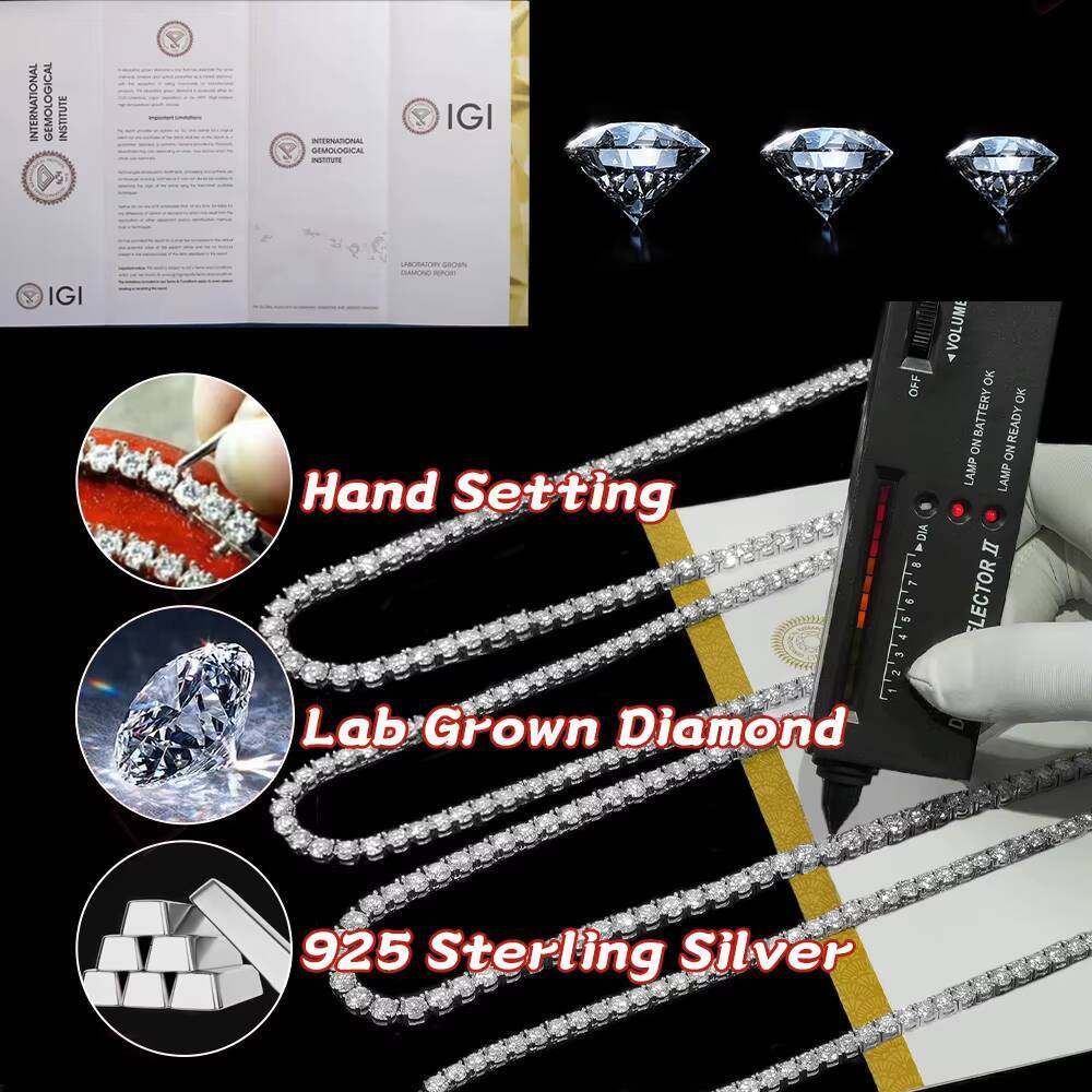 3mm Lab Grown Diamond Tennis Chain Necklace Bracelet IGI Certified 925 Silver Tennis Diamond Chain