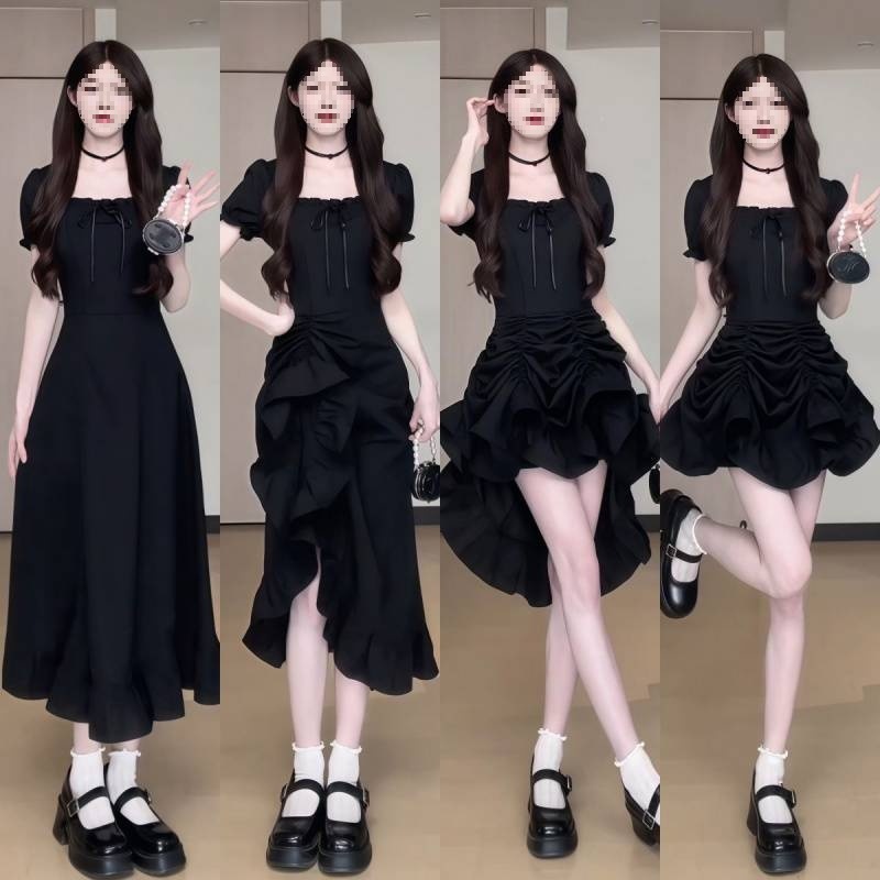 2025 One Dress Four Styles Short Sleeve Waist Slimming Ruffle Long Thin Black Tomato Red Commuting