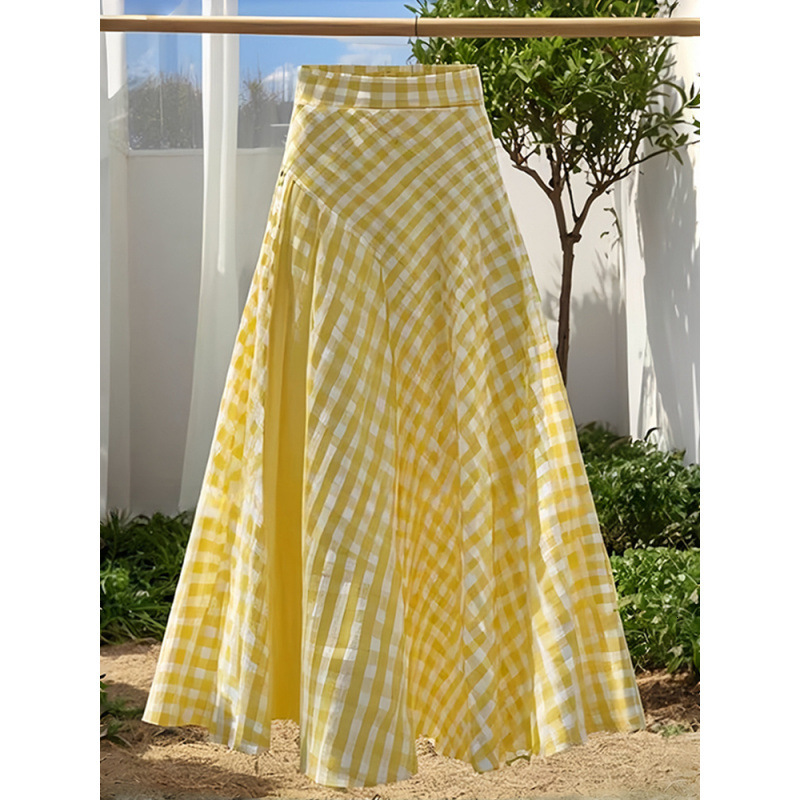 2025 Dopamine Yellow Waist-Cinching Plaid Design Long Skirt for Women New Fashion Trendy Summer Style