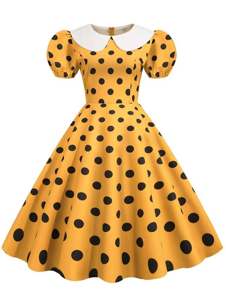 Polka Dot Vintage Women Summer Pink Rockabilly Office Party Dress Casual Peter Pan Collar Sundress Vestidos dongdumaoyi