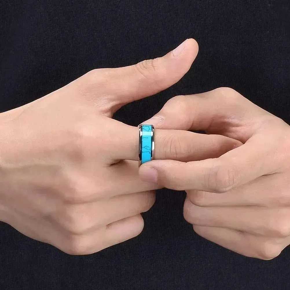 Fashion 8mm Men Stainless Steel Rings Inlay Blue turquoise Rings For Men Women Wedding Engagement Band Jewelry Gift Wholesale S250716