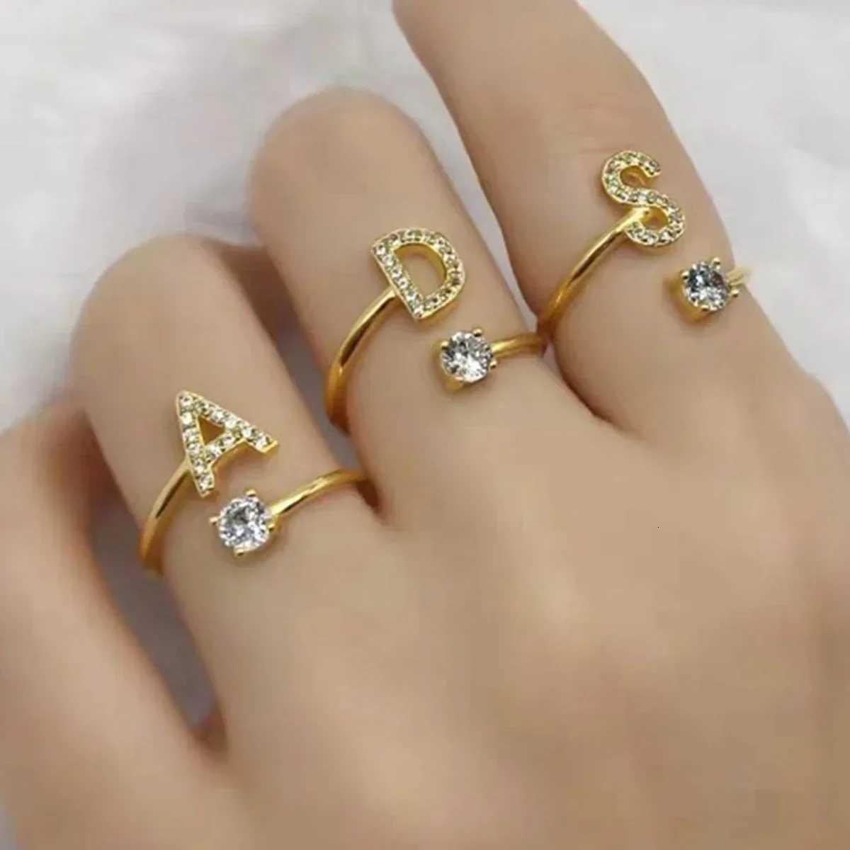 Sanrio Adjustable Initial Rings Stainless Steel Simple Zircon Letter Rings for Women Wedding Band Couples Jewelry Accessories Gifts w250716