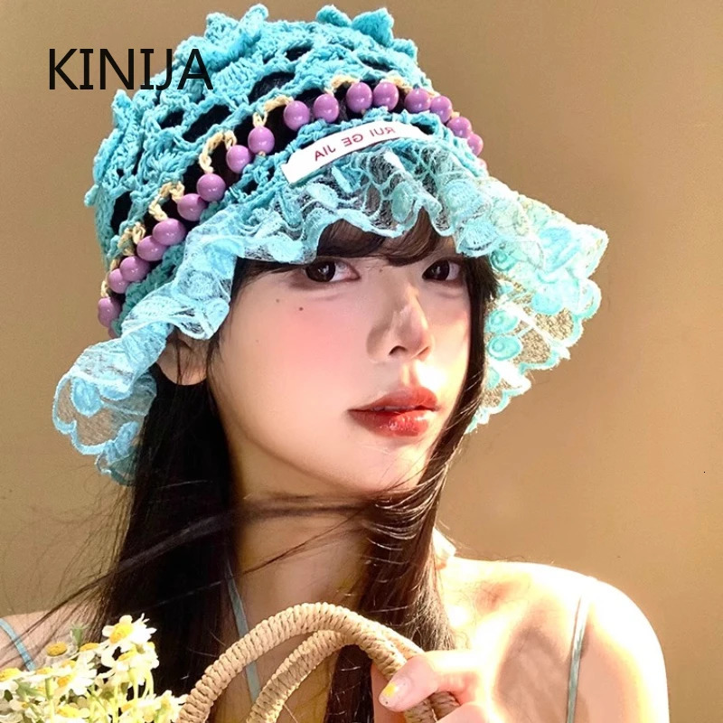 Korea Retro Knitted Hollow Out Flower Bead Hat Handmade Crochet Bucket Hat Women Summer Basin Cap Trendy Round Top Cap Girl 250715