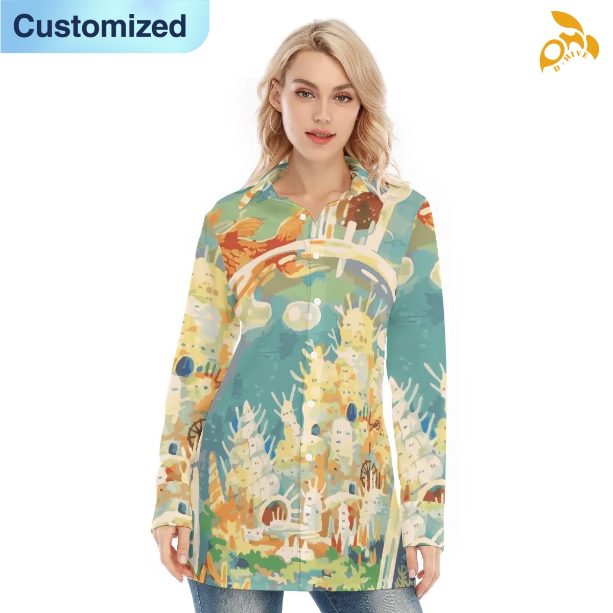 free shipping designer of customized trendy full-body printed women's long shirt with exquisite patterns from US