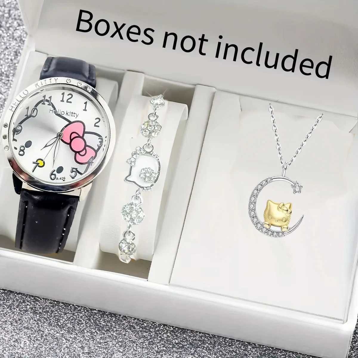 Sanrio 3pcs/set Hello Kitty Quartz Watch for Women and Children Waterproof Kawaii Lady Fashion WristWatch Hello Kitty Bracelet and Necklacew250716