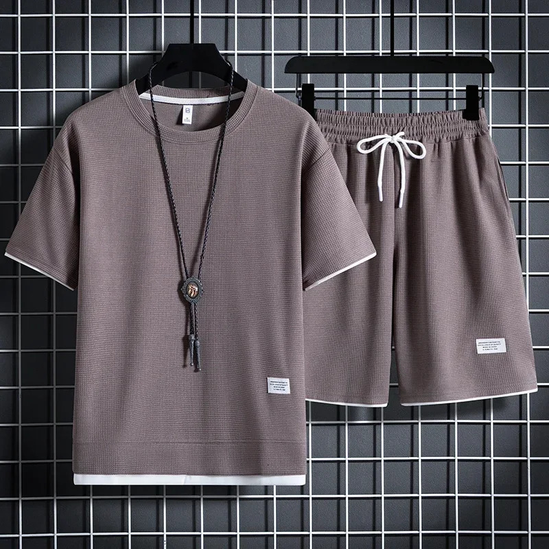 Mens Waffle Summer Suit Casual T-shirt Shorts Suit Mens Tracksuit Solid color tracksuit loose suit 250715
