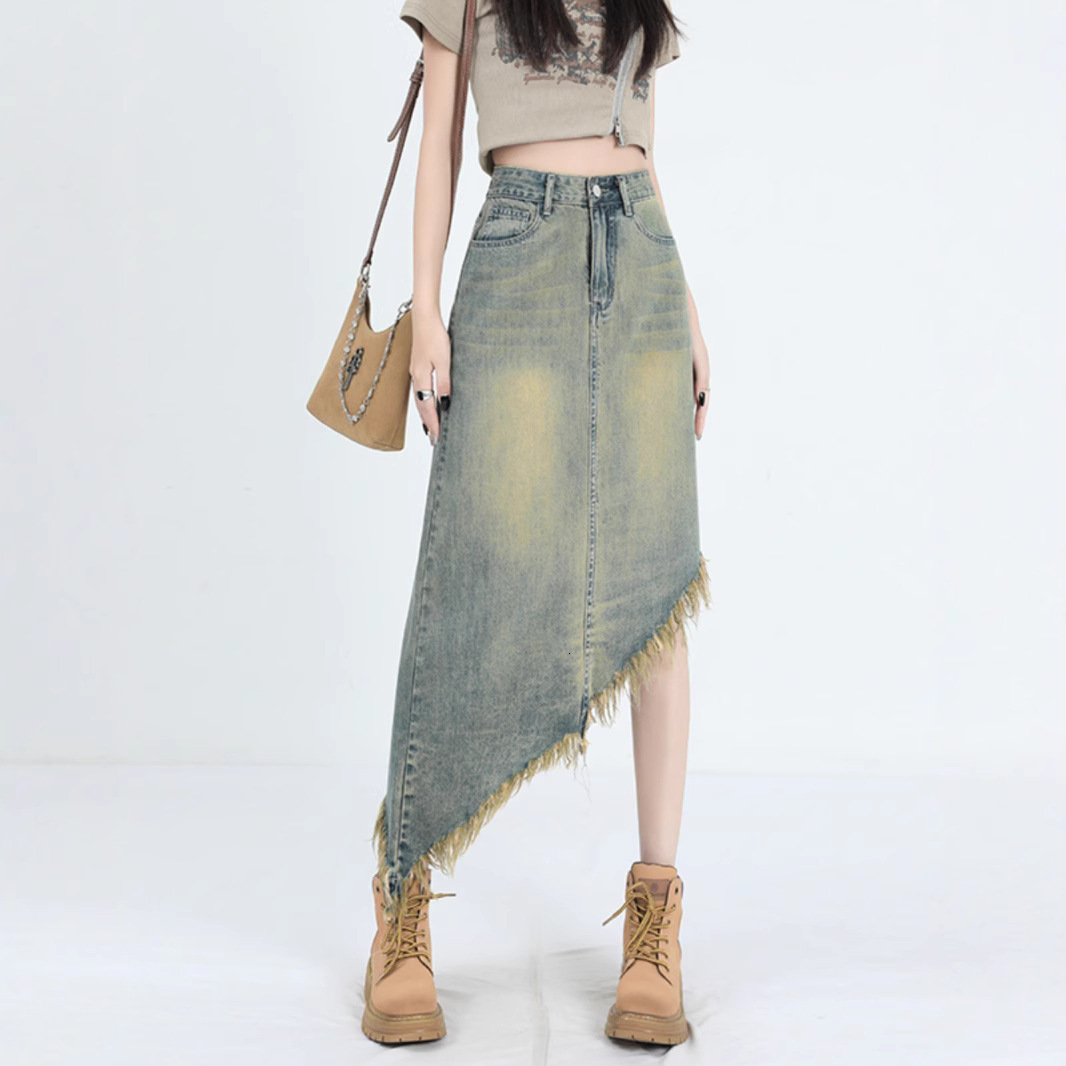 2025 Vintage High Waist A-Line Denim Skirt Women's Summer Irregular Design Long Petite Tassel