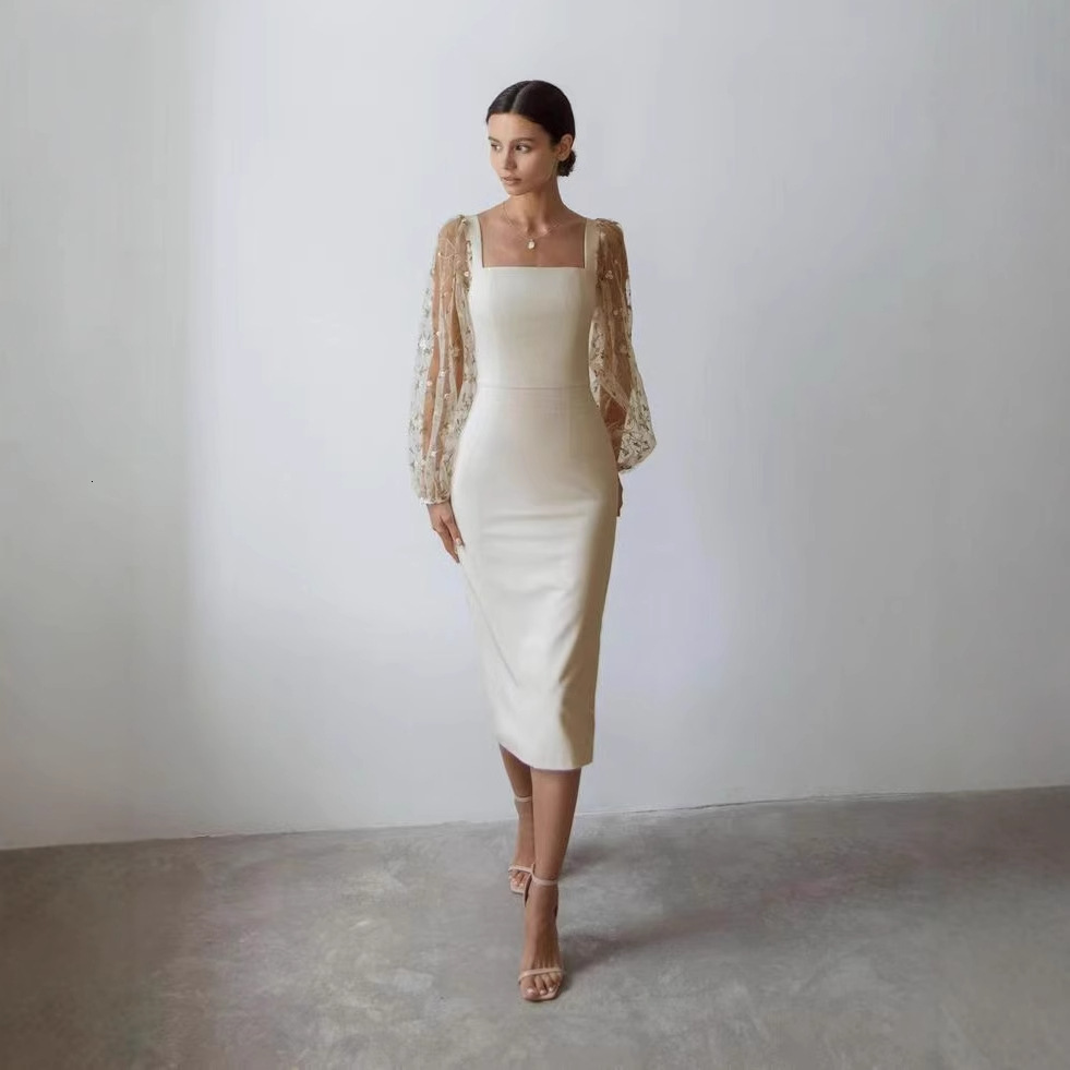 2025 GY2199 European and American Cross-Border Simple Elegant Embroidered Patchwork Bodycon Dress
