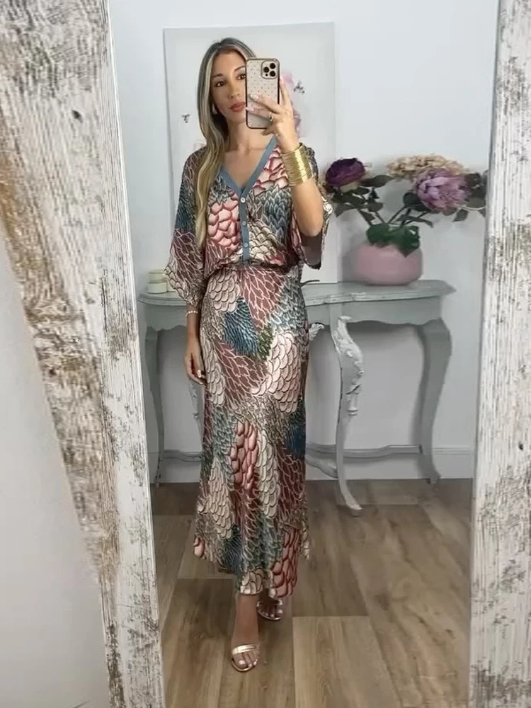 Party Dresses Printed Womens Skirt Set V-neck Three Quarter Sleeve Shirts High Waist Skirts Female 2 Pieces Evening Outfits 250715