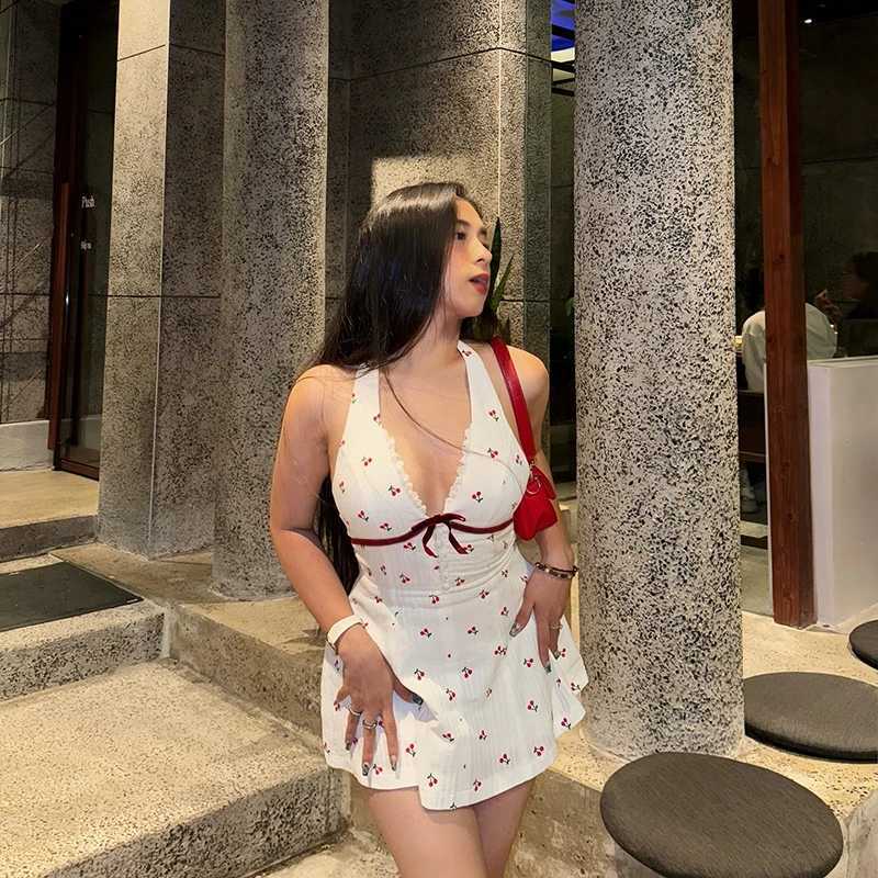 2023 Summer New V-Neck Backless Print Halter Dresses High Street Commute Midi Dresses Y2K Womens R250716