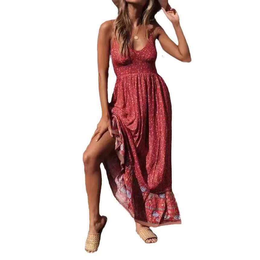 2025 Summer New Style Womens Bohemian V-Neck Tank Large Ornamentation Amazon Cross-Border Fashion Dress dongdumaoyi