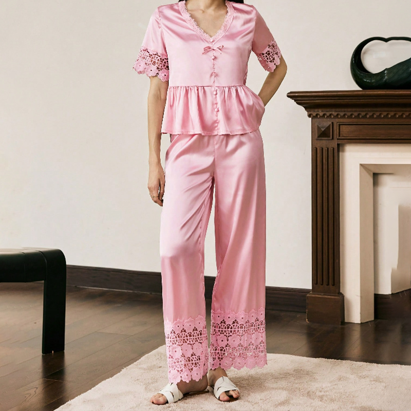 New Women's Spring/Summer Silk Color Lace Short Sleeve Long Pants Nightwear Set Homewear