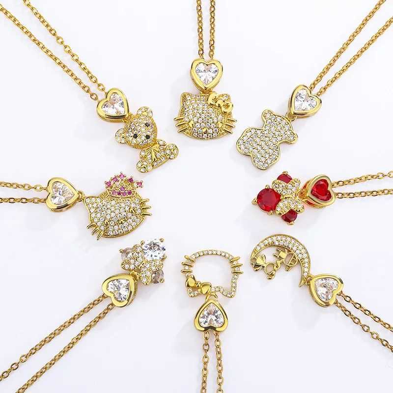 Sanrio Kawaii Hello Kitty Necklace Sanrio Anime Diamond Heart Pendant Chain Couple Fashion Jewelry Girls Holiday Gifts w250716