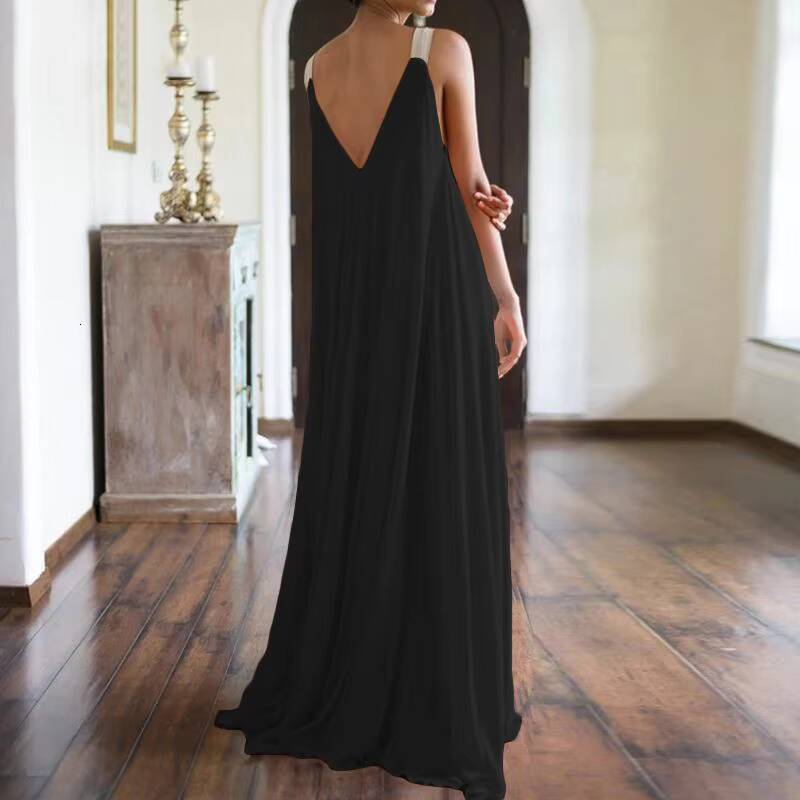 Fashion Spaghetti Strap Solid Boho Dress Summer Womens V Neck Sleeveless Loose Maxi Long Dresses New 2024 For Women Robe Femme dongdumaoyi