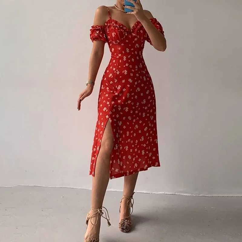 New Summer Elegant Casual Floral Print Off Shoulder Split Dress Women Short Sleeve Slim Midi Dress for Club Party Holiday R250716