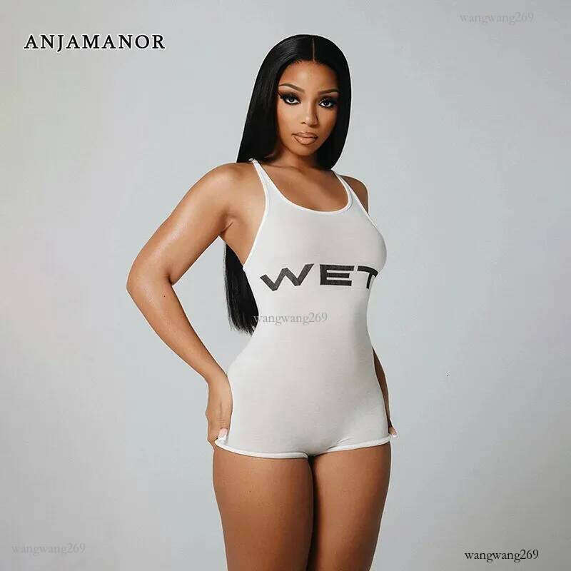 ANJAMANOR Wet Print Sleeveless Bodycon Short Jumpsuit One Pieces Sexy Outfits Woman Gym Romper Summer Clothes D96BZ15 240808