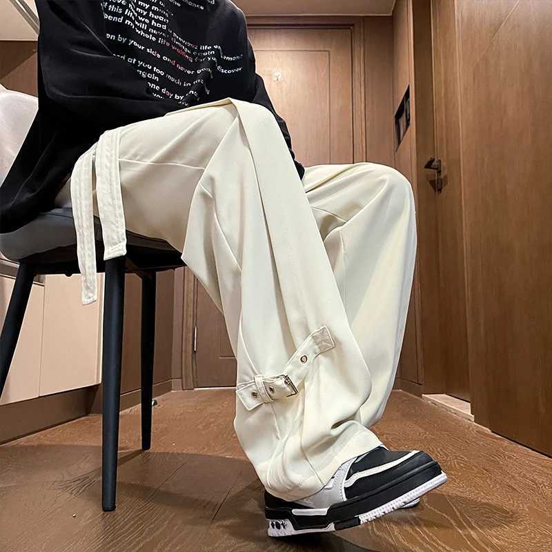 Harajuku Streetwear Men Casual Straight Pants Male Fashion Pleated Long Trousers Ribbons Welt Men Pants Coffee/Black/Rice White y250716