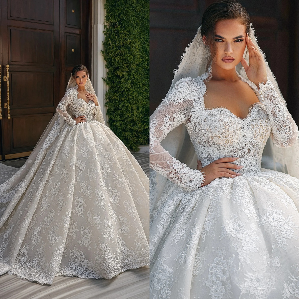 Elegant Long Sleeve Wedding Dress Ball Gown Fashion Sweetheart Lace Bridal Dress Customized Sweep Train vestidos de novia