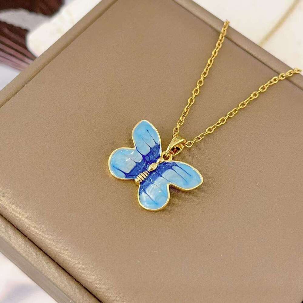 Fresh Colorful Butterfly Necklace Korean Style Simple Titanium Steel Collarbone Chain Summer Women's Fashion Accessories 2A7