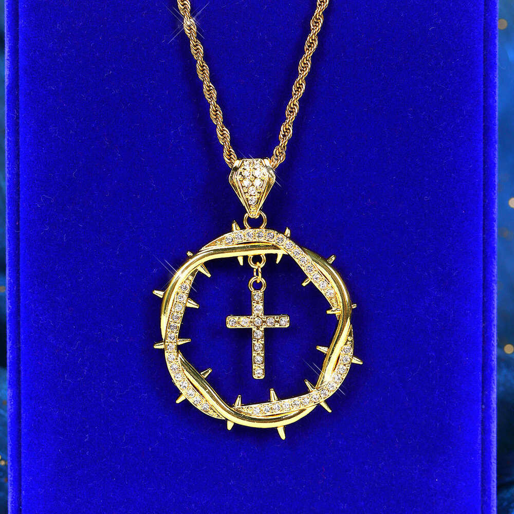 New Round Thorn Hip Hop Hollow Inlaid Rhinestone Virgin Mary Cross Pendant Necklace