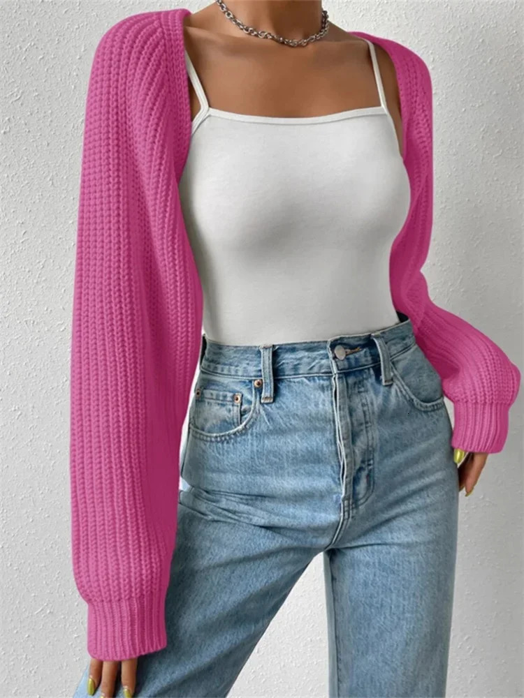 Women Sweater Shrug Solid Color Puff Long Sleeve Cardigan Knit Crop Tops Autumn Winter Vintage Outerwear Fashion Gothic Y2K y250707