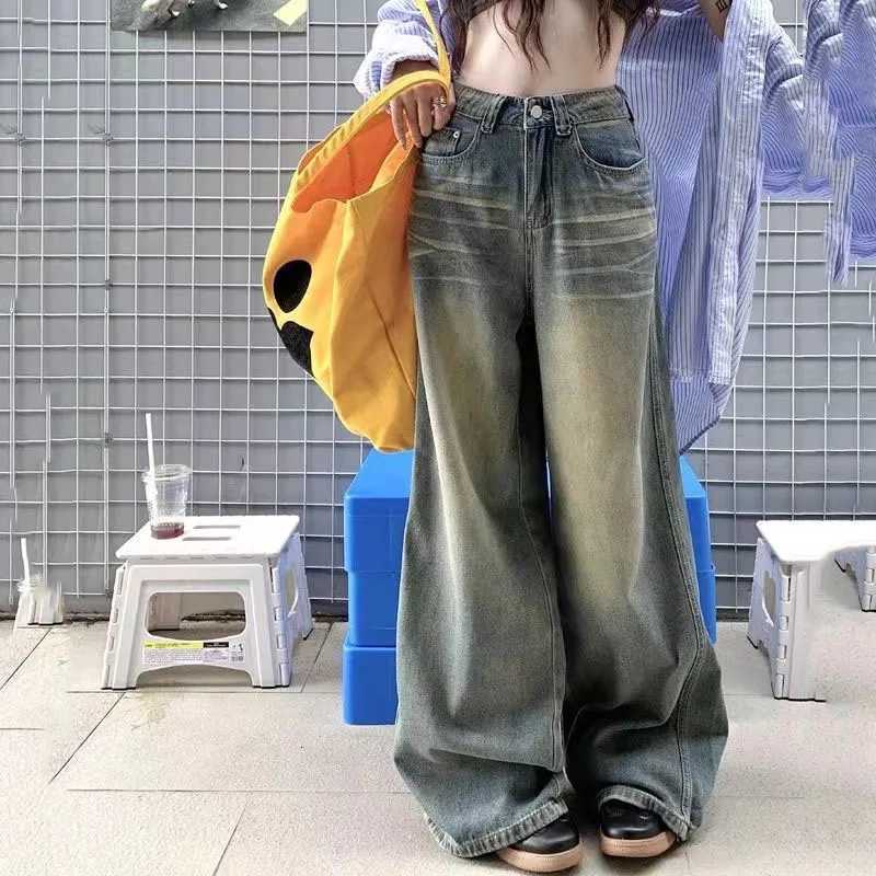 Spring Summer Vintage Chicly Button Jeans Women American Simple Baggy High Waisted Denim Pants Washed Y2K Wide Leg Jeans Trousers R250716