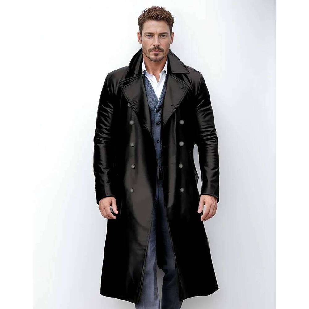 2024 Spring And Autumn Coat Long Windbreaker Men's Double-Breasted Leather Jacket
