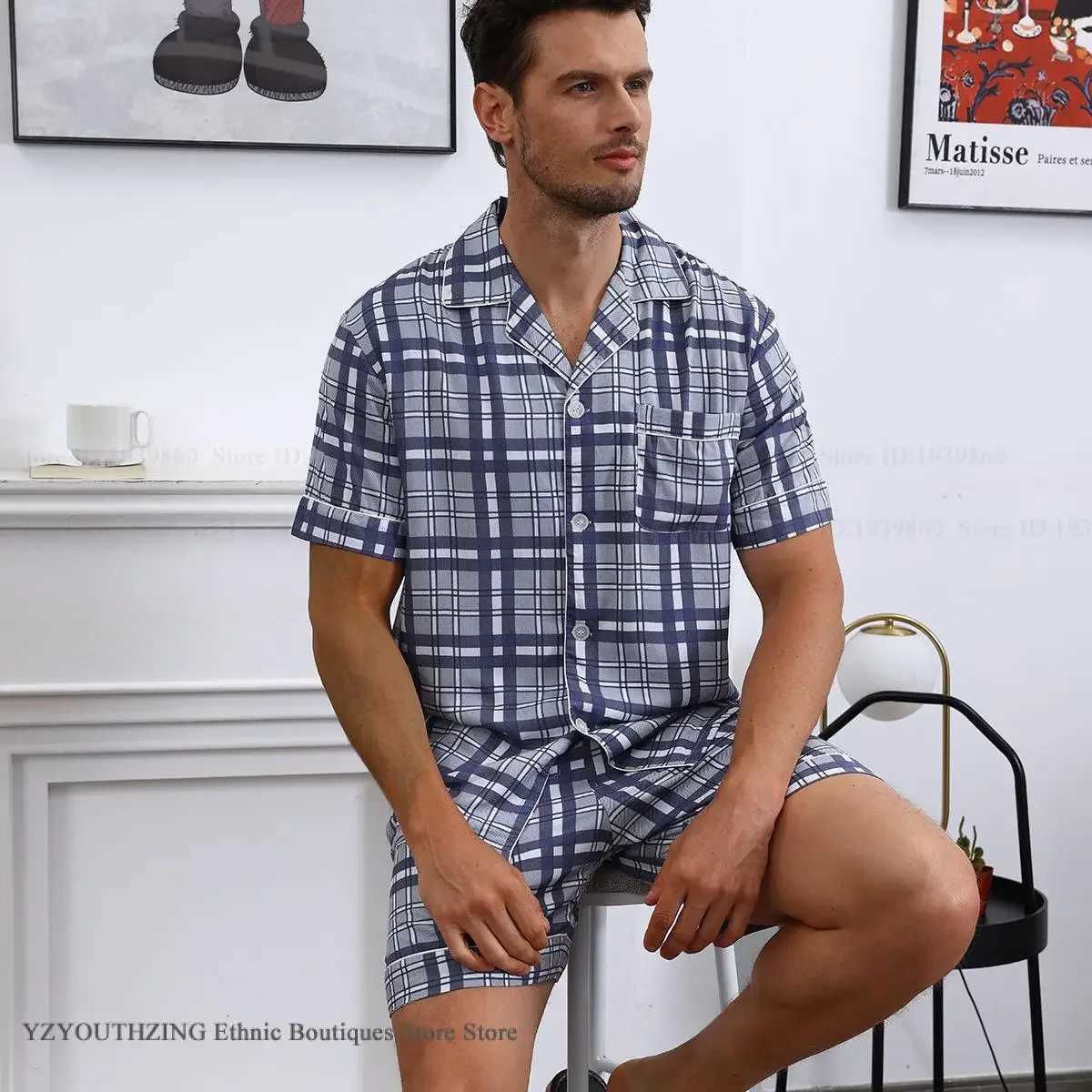 New Mens Pajamas Set Spring Summer Short Sleeve Shorts Pajamas Suit Home Clothes Loose Casual Plaid Sleepwear Lounge Wear W250717