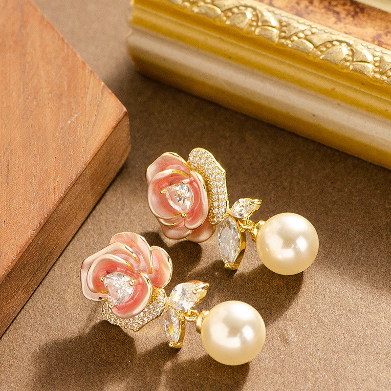 S Sier Needle French Elegant Temperament Glazed Camellia Zircon Pearl Earrings High-end Fashion Versatile Ear Jewelry