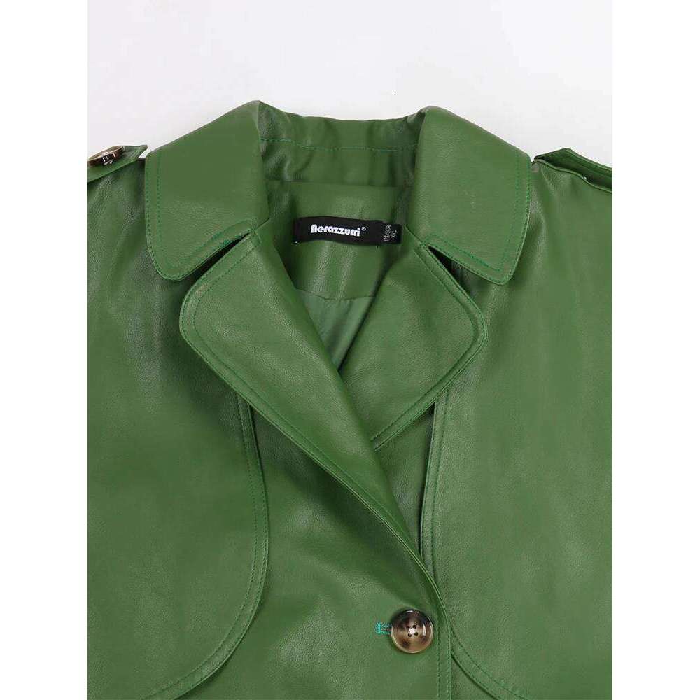 Nerazzurri Autumn Long Cool Green Pu Leather Trench Coat For Women Sashes Single Breasted Stylish Designer Clothes 2022