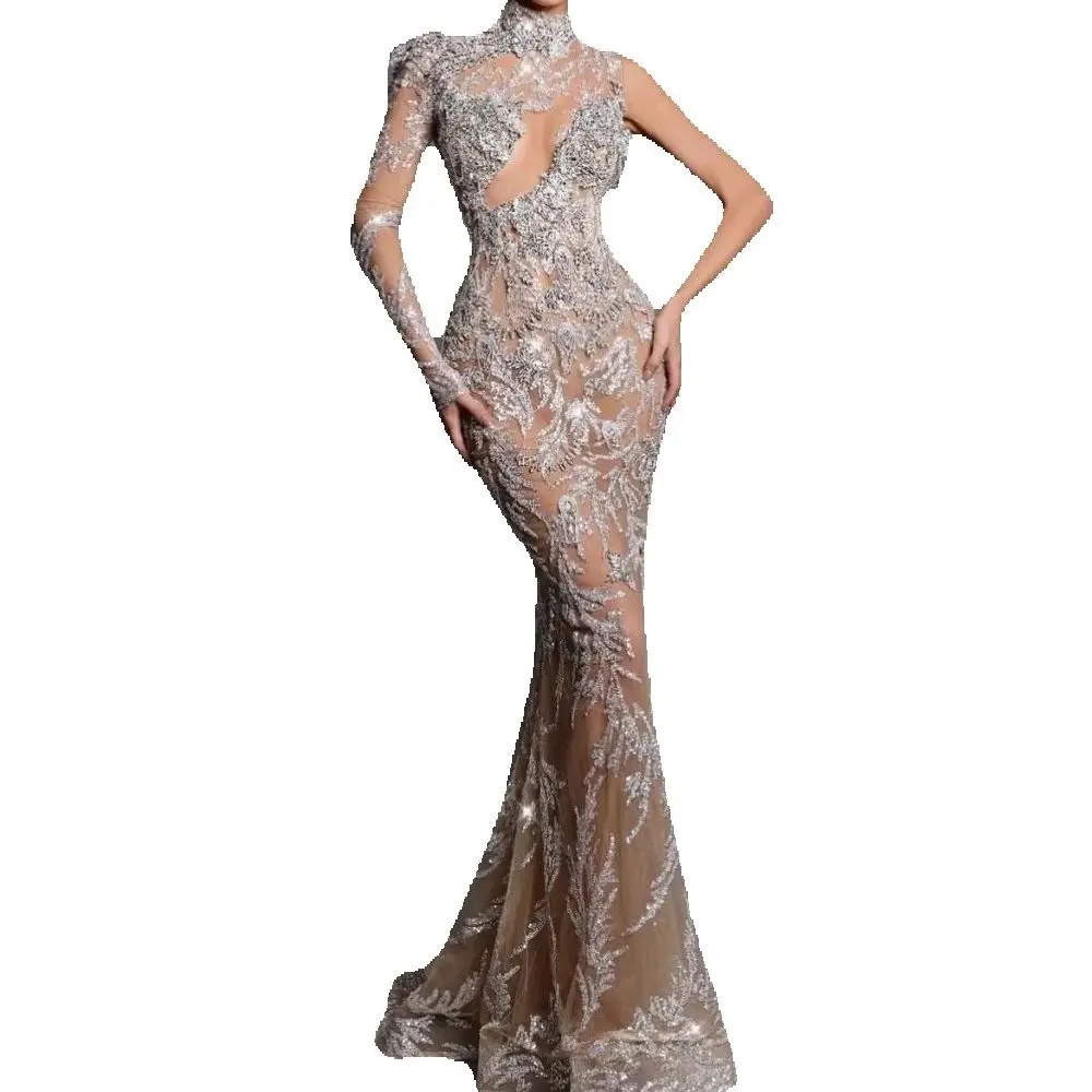 Royal High Neck Sequined Lace Mermaid Wedding Dress Elegant One Shoulder Bridal Gown Appliques Illusion Bride Dresses Customized