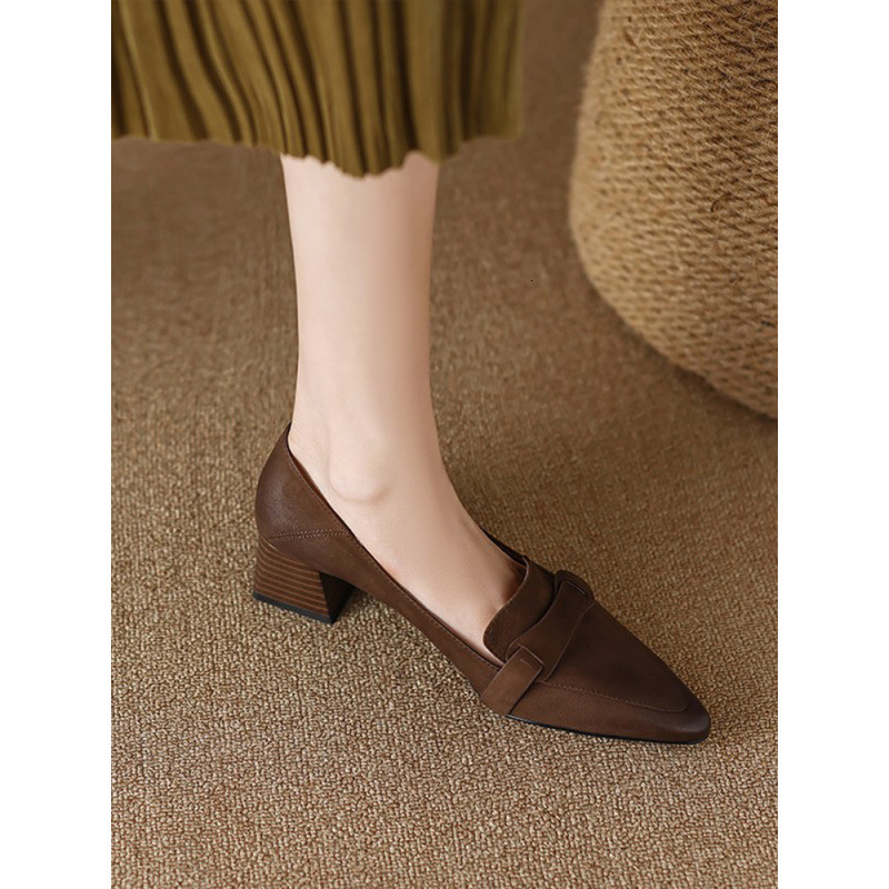 Cowhide Handmade Women's 2023 New Genuine Leather Loafers Pointed Toe French Style Mid Chunky Heel Single Shoes for Women Summer ddmysaturn