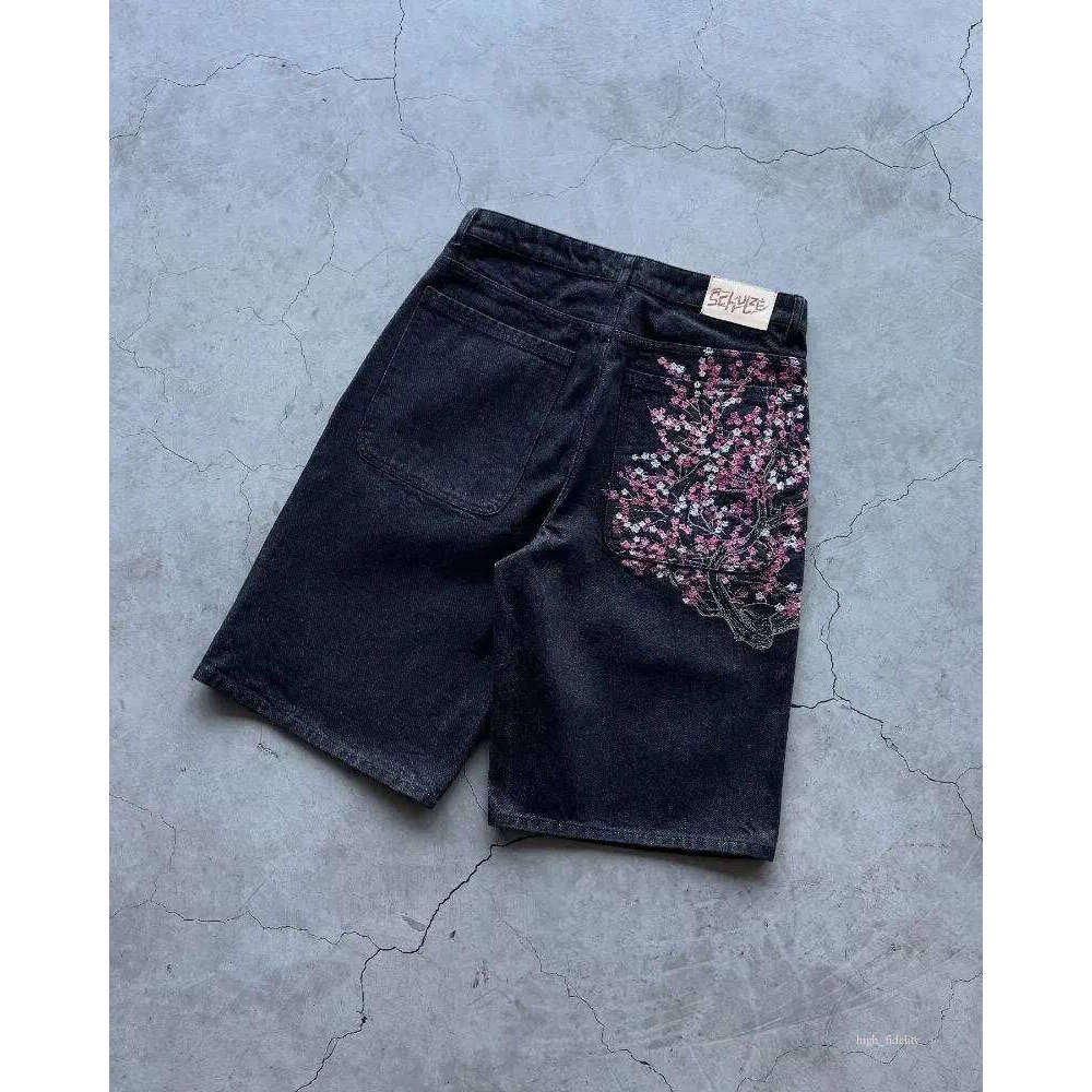 Designer Shorts Men's Shorts Fashion Cherry Blossom Pocket Embroidery Jeans Men Women Retro Baggy Black Denim Short Jorts Hip Hop Streetwear Pants 1Bb