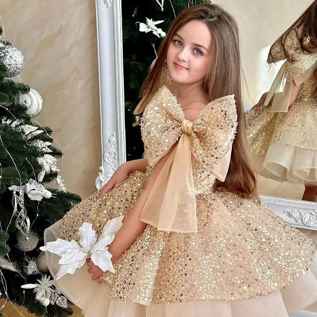 Champagne Flower Girl Dress For Wedding Glitter Shining With Bow Cute Baby Pageant Dress Princess First Communion Ball Gowns Z250716