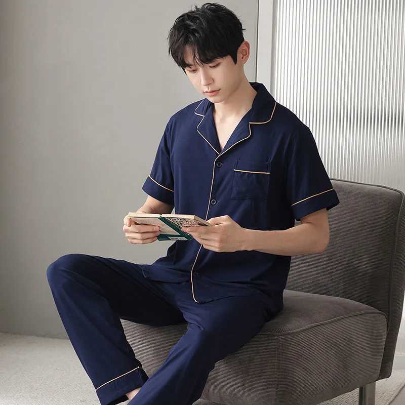 Plus Size Mens Modal Pajamas Set Summer Short Sleeve Cardigan Long Pants Homewear Suit Korean Youth Casual Loose Sleepwear W250717