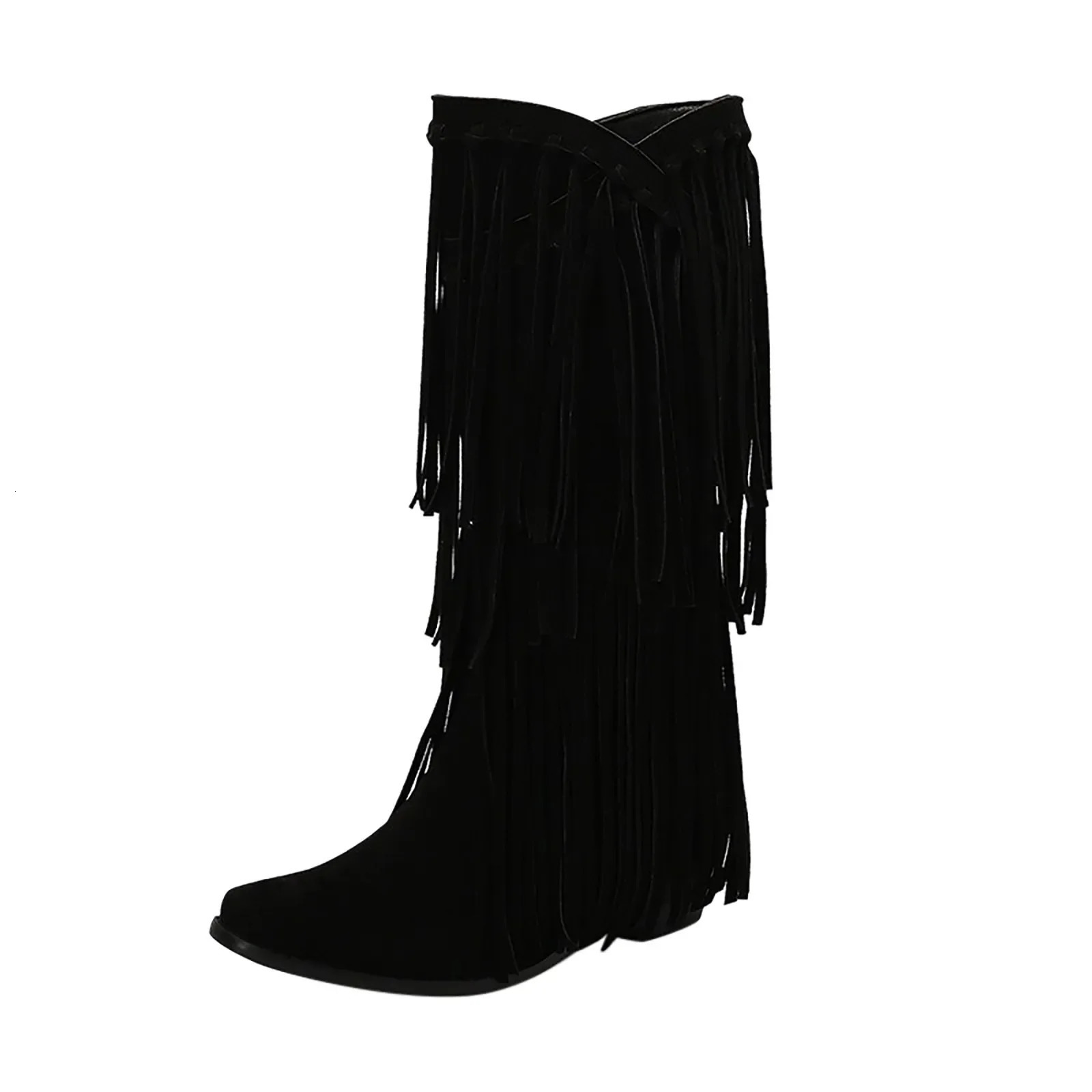 Large Size 45 Women Retro Ethnic Western Cowboy Boots Block Medium Heels Tassel Fringe Kneehigh Boot Lady Winter Shoes Free ship 250716